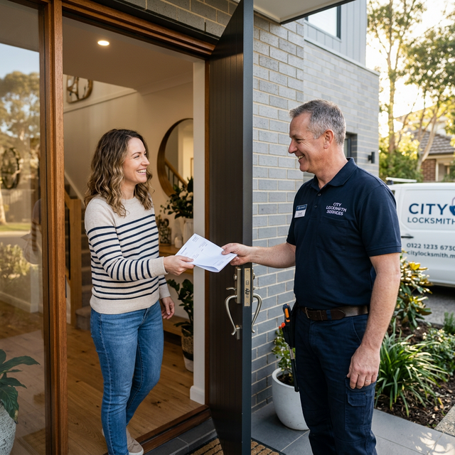 Schlüsseldienst-Techniker übergibt einer Kundin eine transparente Rechnung an der Haustür